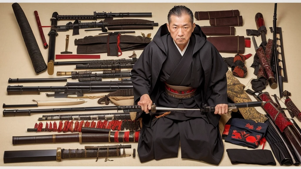 A Japanese male samurai covered in weapons,Age: about 50 years old