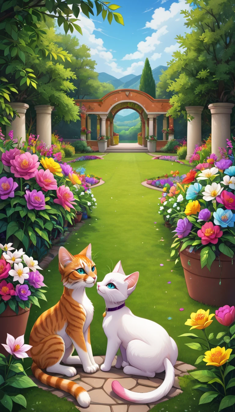 kitten playing with a colorful ball in a garden full of flowers