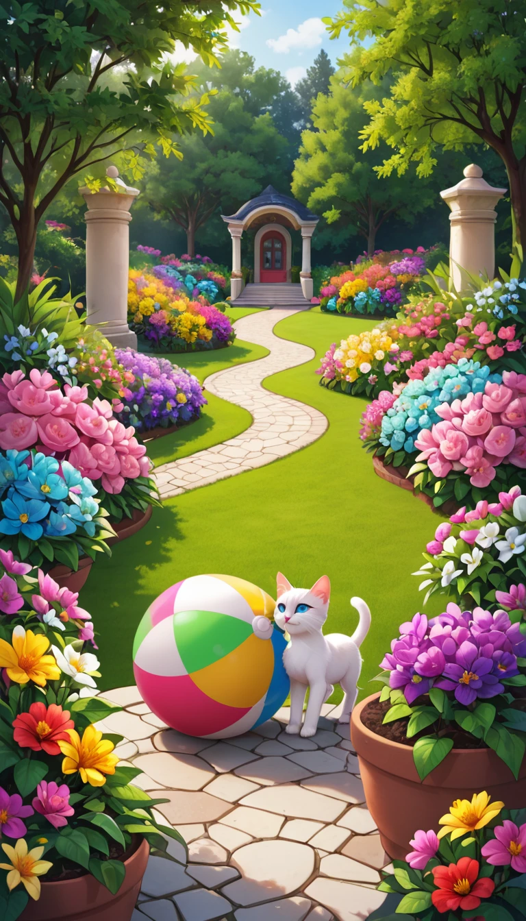 kitten playing with a colorful ball in a garden full of flowers