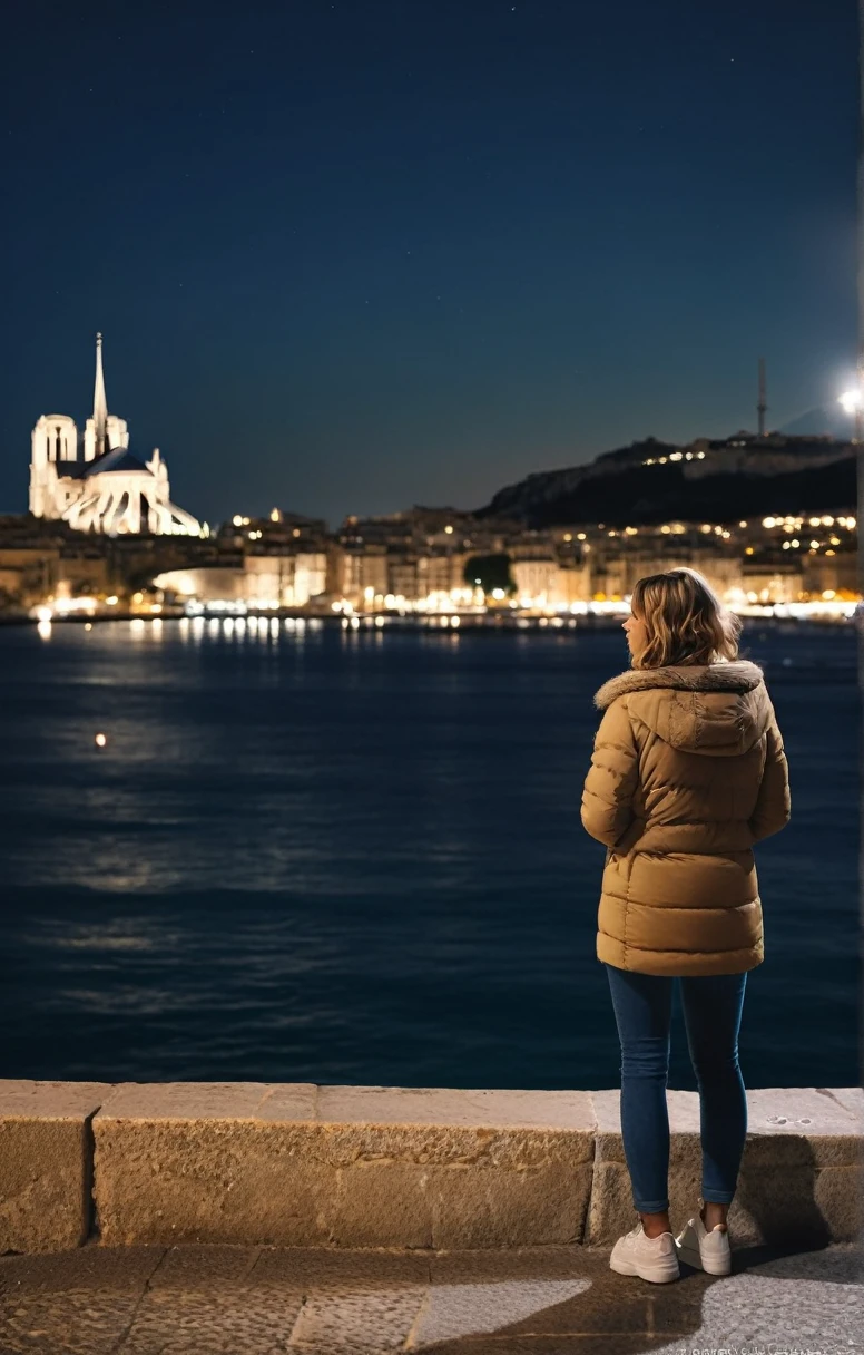 1fille, guapo, marseille, notre-dame-de-la-garde, nuit,  regarder le spectateur, masterpiece, best quality, high resolution, 8K, sharpness, cinematography, Cinematic lighting, Movie scene, muted colors, Professionnel, depth of ﬁeld, photorealistic, magnificent, Maximum details, (brut, digital SLR, hdr, la plus haute qualité), smooth, roughness, hyper realistic, grain de film, bokeh, epic, spectacular