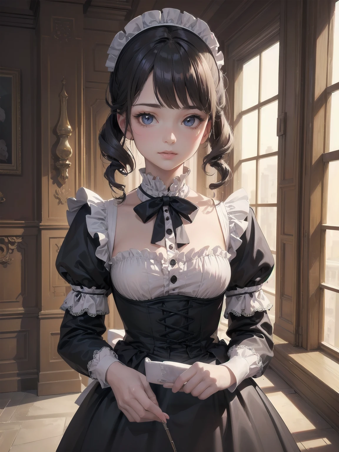 (Highest quality、16K、masterpiece、Ultra-high resolution、Victorian era、Photorealistic:1.2)、Maid Lady、solo、One person、Beautiful and detailed、202Perfectly detailed illustrations created by master anime illustrators of the 4th generation、Cool Beauty、Heroine's Attributes、Artistic shading、Perfect Face、Detailed portrait、