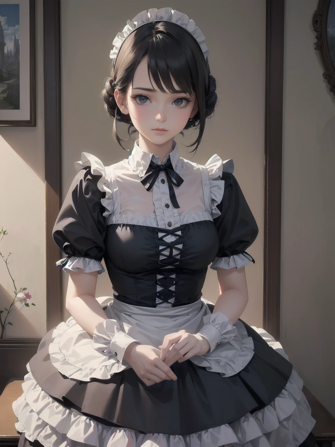 (Highest quality、16K、masterpiece、Ultra-high resolution、Victorian era、Photorealistic:1.2)、Maid Lady、solo、One person、Beautiful and detailed、２０２Perfectly detailed illustrations created by master anime illustrators of the 4th generation、Cool Beauty、Heroine&#39;s Attributes、Artistic shading、Perfect Face、Detailed portrait、
