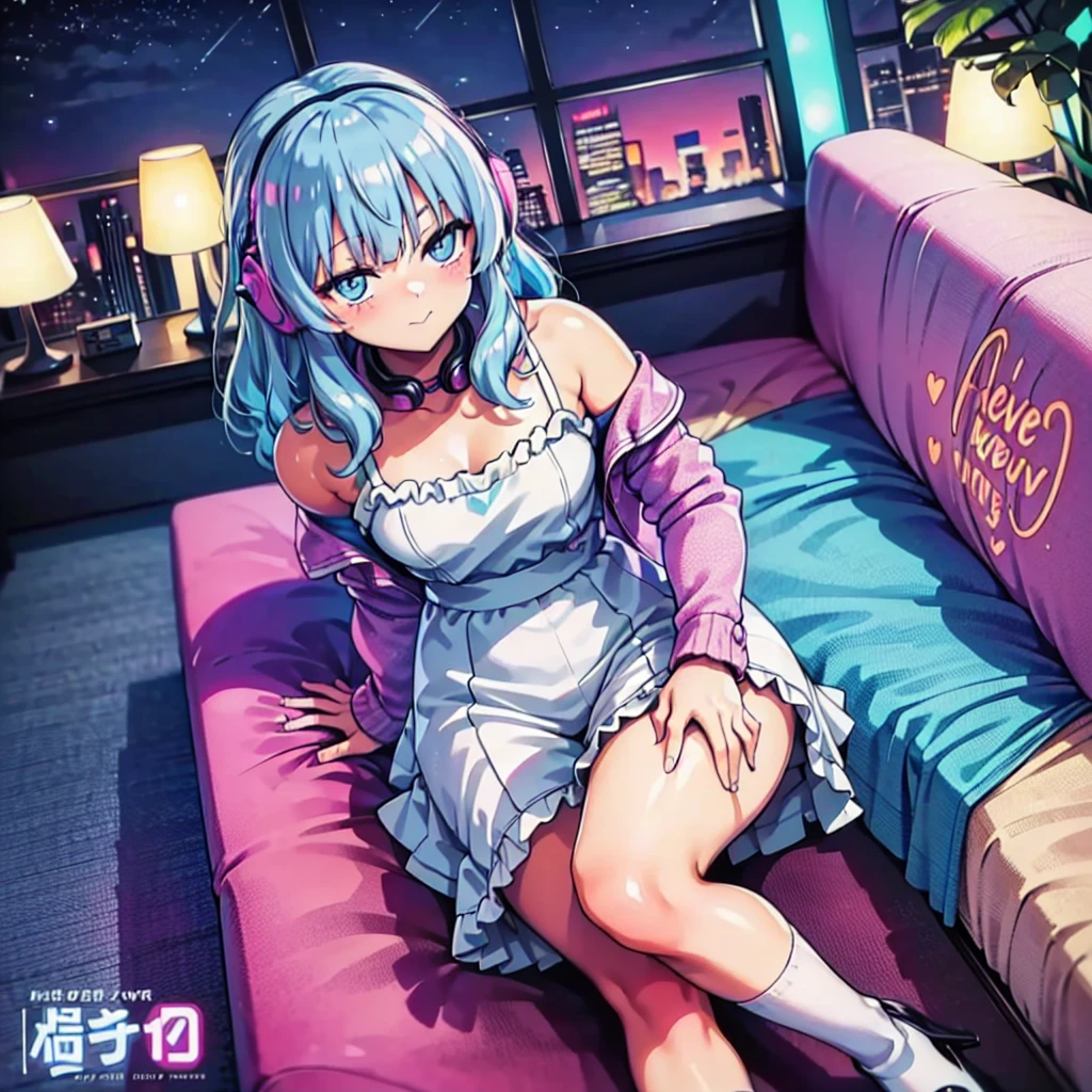 (masterpiece), Highest quality, Expressive eyes, Neon pastel aesthetics, Retro 90s, Neon color,((Girl sitting on sofa,In a cozy room,Records hanging on her wall, Comic books on the floor, Looking out the window behind her at the night city, Upholstered room, Anime figures lined up on a shelf)), Wearing headphones, (All around her it sparkles), (Wearing high socks and heels), (blue eyes), (Soft look), (Synthwave Art Style), Colorful Hair, Desk with PC set up