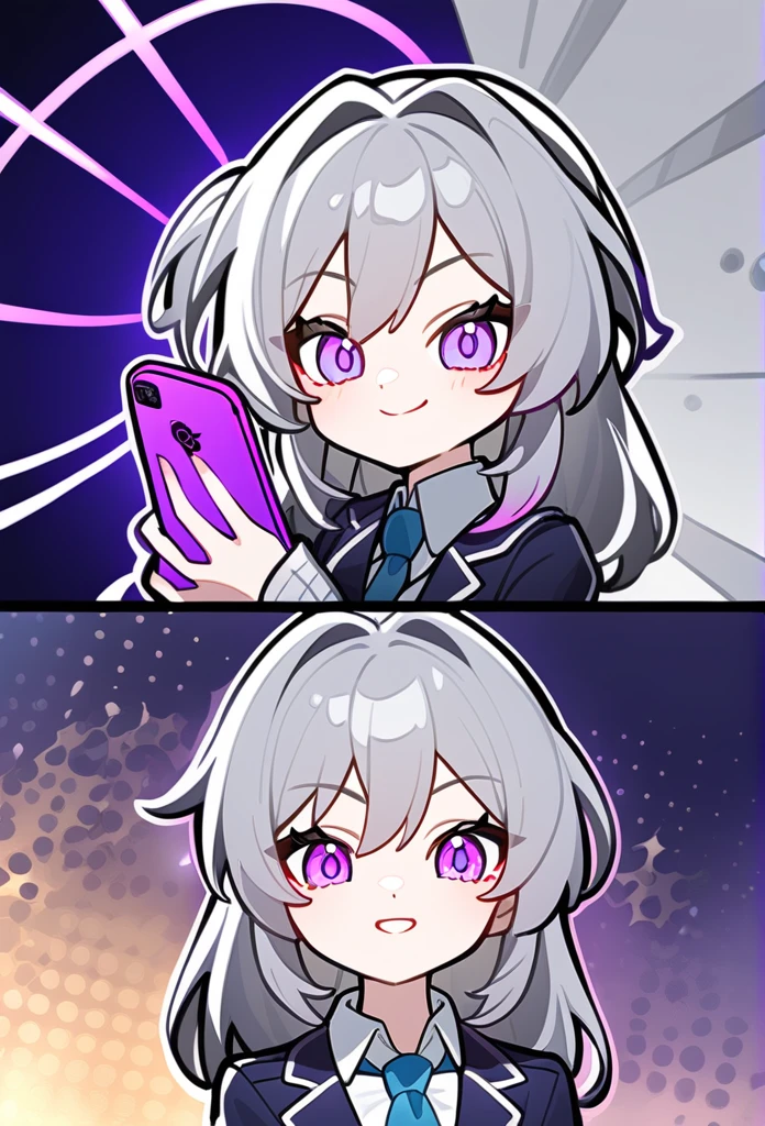 Honkai:star rail art styles, Gray hair, Thick high twintails, purple eyes with glowing, Uniform(High school), Holding purple phone, and smile with selfish, aggressive face