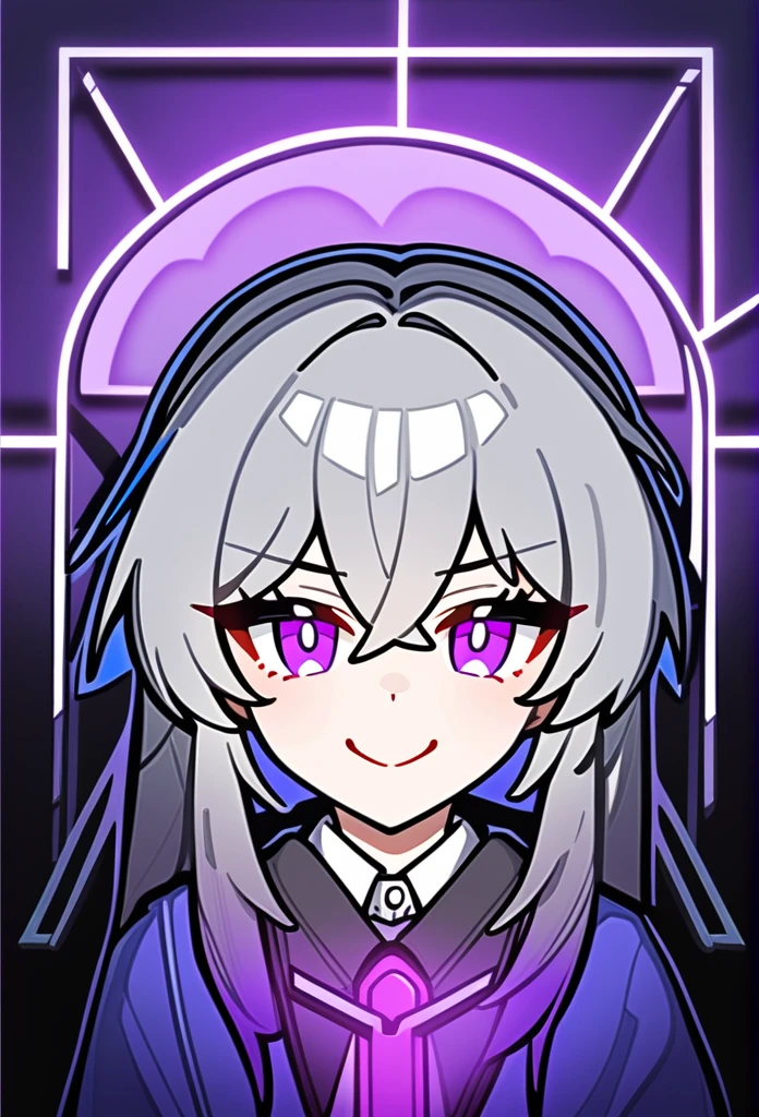 Honkai:star rail art styles, Gray hair, Thick high twintails, purple eyes with glowing, Uniform(High school), Holding purple phone, and smile with selfish, aggressive face