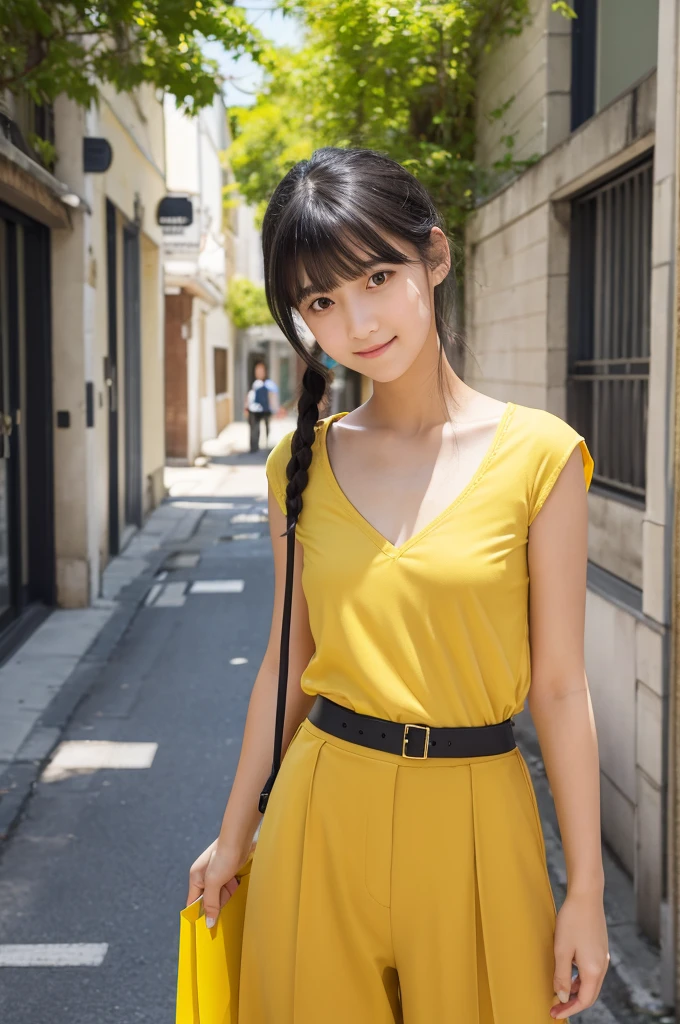 Yellow blouse,Culotte pants,15 years old,high school girl,Black Hair,bangs,Straight Hair,ponytail,Dark Eyes,Small Face,Clean eyes,Small Mouth,slender,Young face,Lori,Flat chest,Shopping Street,live-action,Realistic photos,8K,Ultra HD,Standing posture,whole body,Pouch,Happy face,