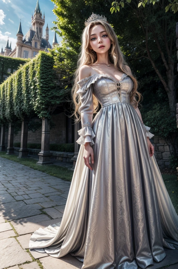 masterpiece, highres, high detailed,  intricate details, depth of field, 1 girl, queen, royal crown, Coronation Gown, queen dress, Evening Gown, outdoor background. The background is a luxurious castle, mildly clouds, best sunlight. There are 2 long flower beds besides the path, queen is standing on the path. Her face is gorgeous, beautiful, confident. She wears a lot of luxury jelweries. She has blue eyes, white long hair. Behind her is the castle.