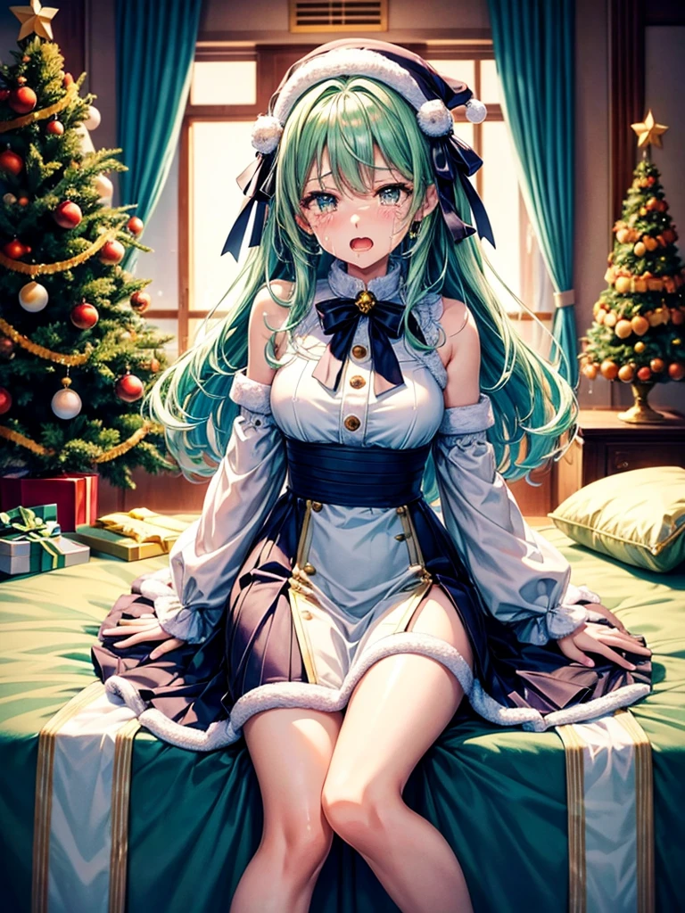 Highest quality,Highest Resolution,艶めかしいサンタのHigh legレオタード美少女,Open mouth and dripping tears and saliva,High leg,High Leg,Bedroom,Christmas tree,