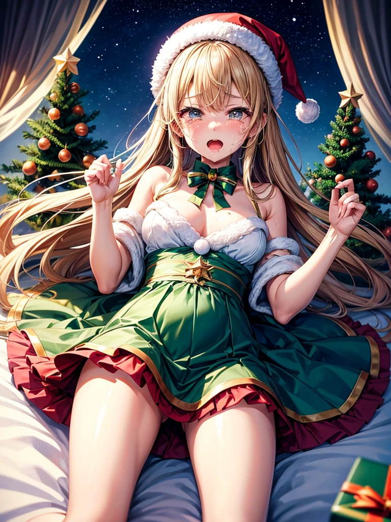 Highest quality,Highest Resolution,艶めかしいサンタのHigh legレオタード美少女,Open mouth and dripping tears and saliva,High leg,High Leg,Bedroom,Christmas tree,