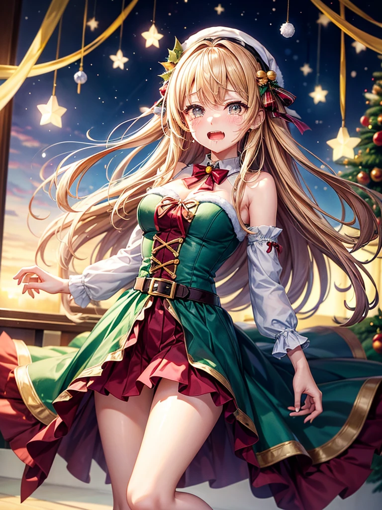 Highest quality,Highest Resolution,艶めかしいサンタのHigh legレオタード美少女,Open mouth and dripping tears and saliva,High leg,High Leg,Bedroom,Christmas tree,