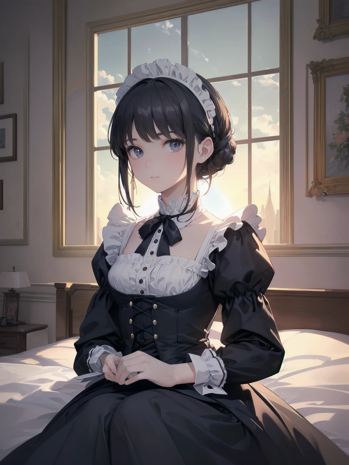 (Highest quality、16K、masterpiece、Ultra-high resolution、Victorian era、Photorealistic:1.2)、Maid Lady、solo、One person、Beautiful and detailed、202Perfectly detailed illustrations created by master anime illustrators of the 4th generation、Cool Beauty、Heroine's Attributes、Artistic shading、Perfect Face、Detailed portrait、