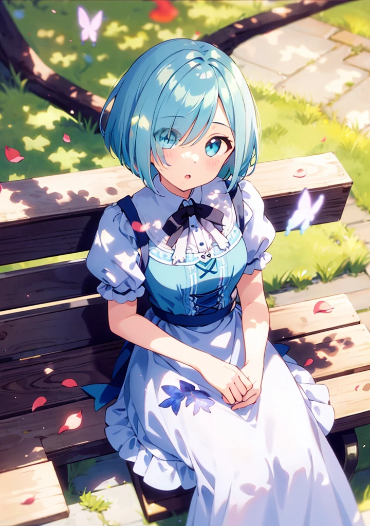 ((solo:1.2)),cute girl sitting on bench in garden,frilled dirndl,from above,looking up,cobblestone pavement,aqua hair,fine bob cut,(hair over one eye),(dappled sunlight:1.2),blurry,(depth of field:1.1),head tilt,:o,(petals),tree,butterfly