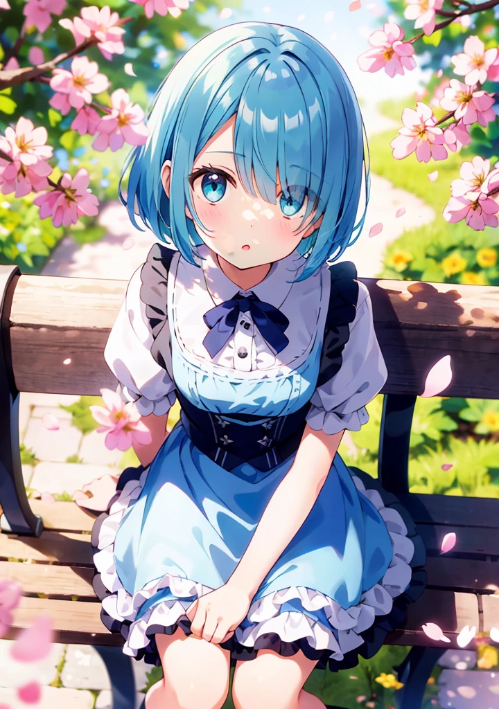 ((solo:1.2)),cute girl sitting on bench in garden,frilled dirndl,from above,looking up,cobblestone pavement,aqua hair,fine bob cut,(hair over one eye),(dappled sunlight:1.2),blurry,(depth of field:1.1),head tilt,:o,(petals),tree,butterfly