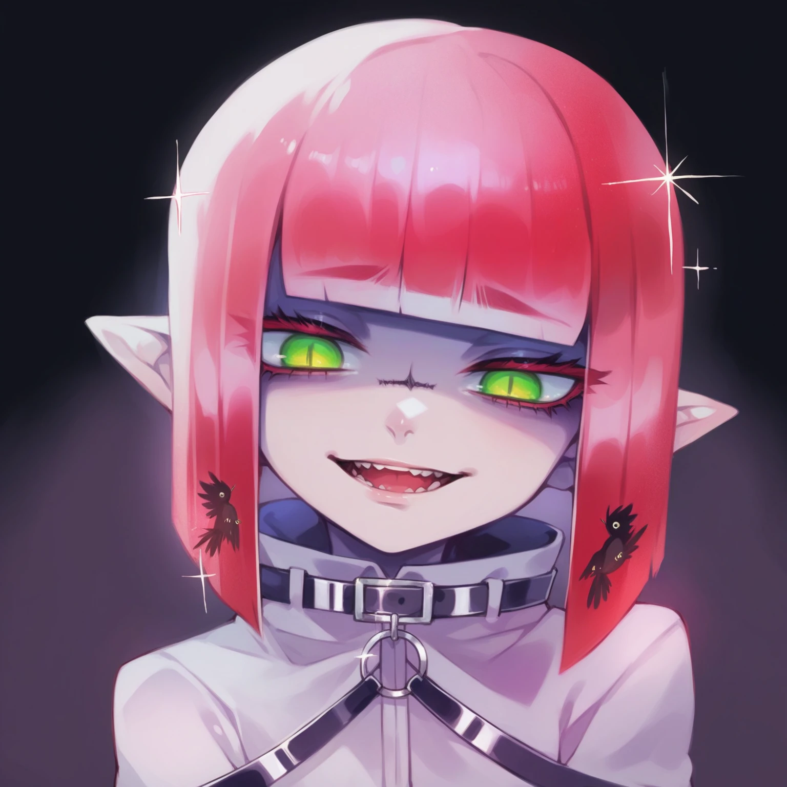 Red Hair,Slightly longer short hair,Yellow-green eyes,Long eyelashes,Androgynous pretty boy,17 years old,A doll-like face,With black feathers,Ring of black angels on the head,The clothes are black uniforms