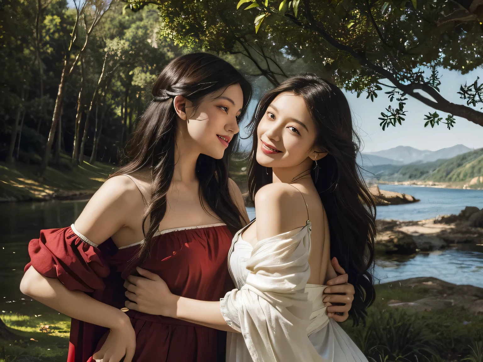 Giorgione painting style,Barbizon forest A beautiful woman in Greek dress smiles on the shore,Sweet and seductive appearance.、Caravaggio's paintings、Chiaroscuro of Caravaggio、hair tousled by the wind,Two women frolicking,cute smile, expression of ecstasy,Sexy,erotic, full body portrait