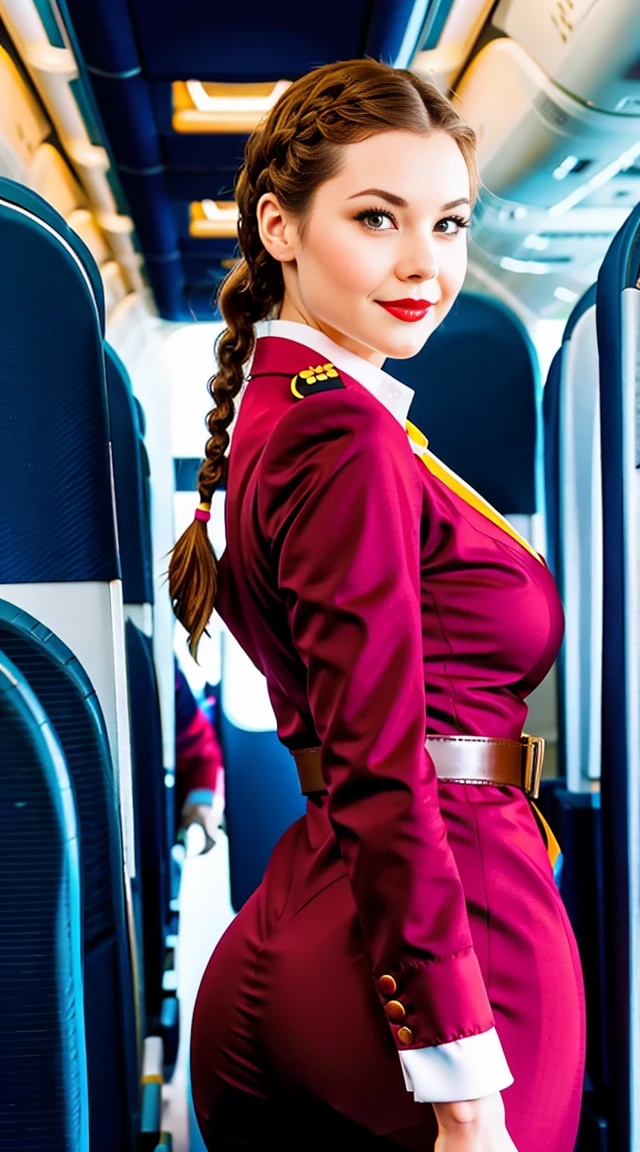 Sexy Stewardess (Air Stewardess) On the plane, with sexy tight fit and deep neckline. big breasts, Red lips, tied hair (long braid), typical flight attendant suit b(costume sexy), huge butts