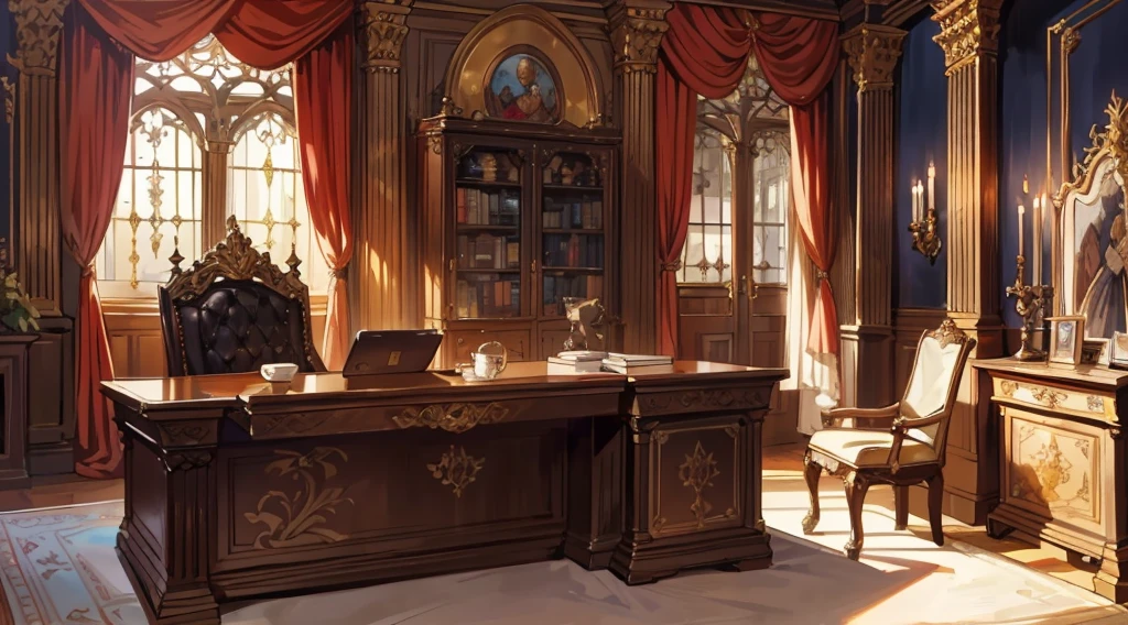 （best quality，masterpiece：1.2，detailed details，4k），Middle Ages, a gorgeous mafia boss's office,，Interior, victorian Manor with reliquies, (((Nigth))), (((moonligth enters the living room))) soft pale orange palette, soft secundary exterior ligth，Looking up
