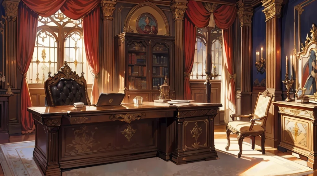 (best quality,masterpiece:1.2,detailed details,4k),Middle Ages, a gorgeous mafia boss's office,,Interior, victorian Manor with reliquies, (((Nigth))), (((moonligth enters the living room))) soft pale orange palette, soft secundary exterior ligth,Looking up