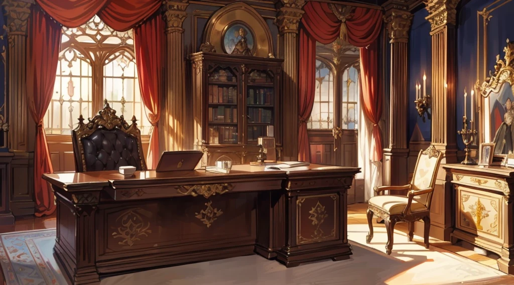 (best quality,masterpiece:1.2,detailed details,4k),Middle Ages, a gorgeous mafia boss's office,,Interior, victorian Manor with reliquies, (((Nigth))), (((moonligth enters the living room))) soft pale orange palette, soft secundary exterior ligth,Looking up
