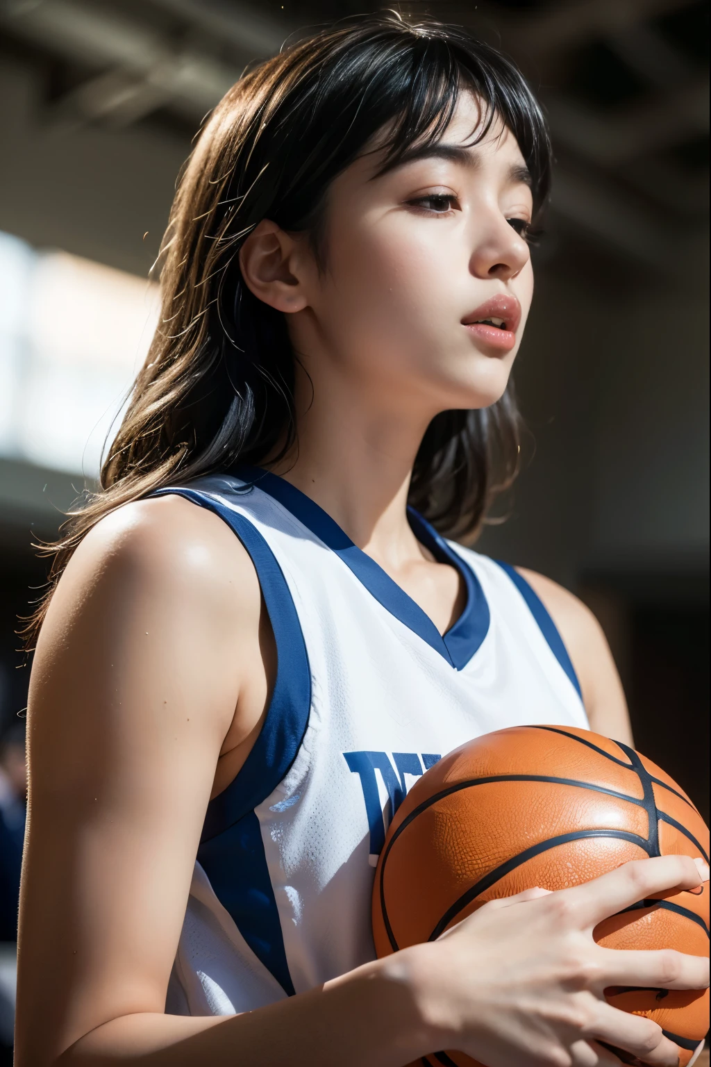 (8K, Highest quality, masterpiece:1.2), (Realistic, photo-Realistic:1.37), Super detailed,Highest quality, Ultra-high resolution, Professional Lighting, Photon Mapping, Radio City, Physically Based Rendering, Cinema Lighting, Basketball court,Depth of written boundary, Sharp focus,Sunbeam, Good composition,(Bokeh:1.2) One girl,alone,(whole body), (Mouth closed),Beautiful attention to detail, Pause, Tight waist,Basketball Uniforms, Black Hair,Messy Hair,Long hair blowing in the wind,(Urzan-6500:1.2)
Mix 4, Hello