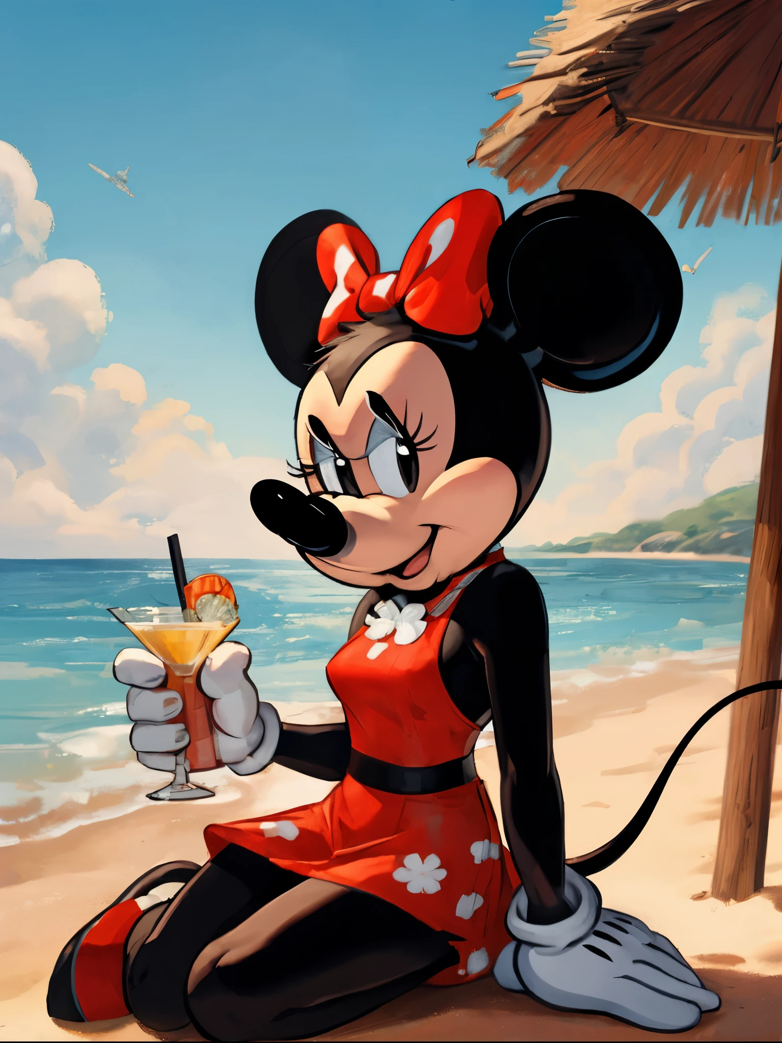 (Minnie Mouse:1.3),1girl, ((adult:1.3)), best quality, masterpiece, highres, extreme detail, (Disney 2d artstyle,:1.2),cell shading, mouse character, cartoon, black skin, big round ears, at the beach, drinking a cocktail, posing for the camera