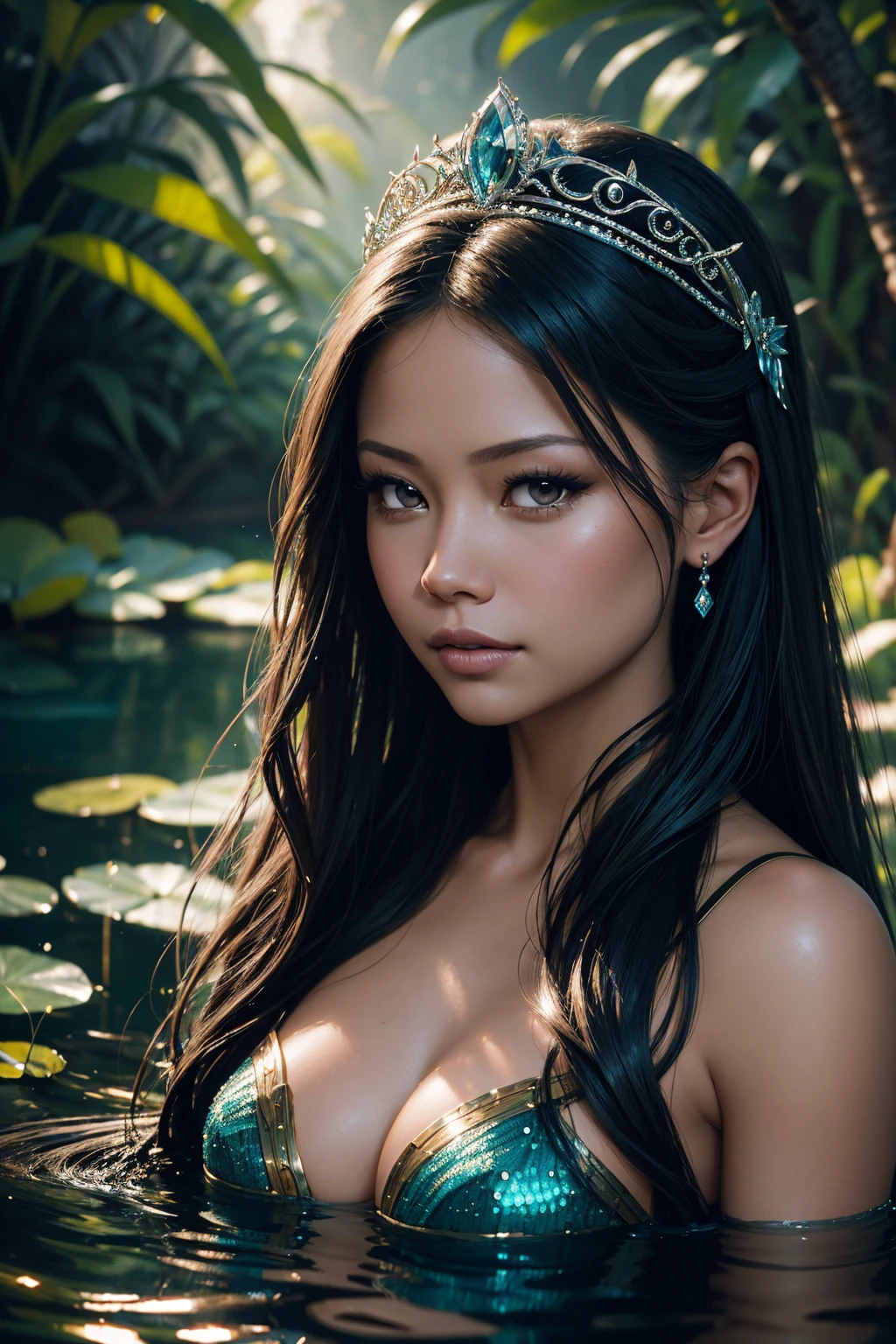 36k, portrait Vanessa Lachey, wearing mermaid tiara costume, against the background of the pond, character portrait, 7 9 9 0 s, long hair, intricate, elegant, highly detailed, digital painting, artstation, concept art, smooth, sharp focus, illustration, art by wlop, charlie bowater and alexandra fomina