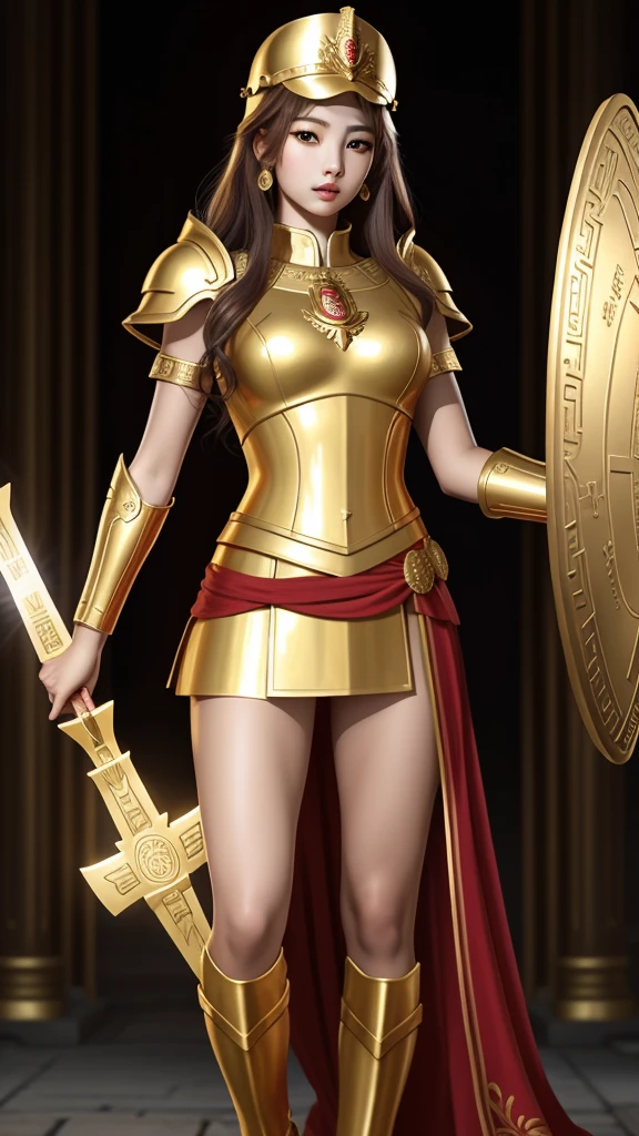 Greek goddess Athena, red tunic, golden armor, golden shield. rostro de jennie kim. good body, whole body