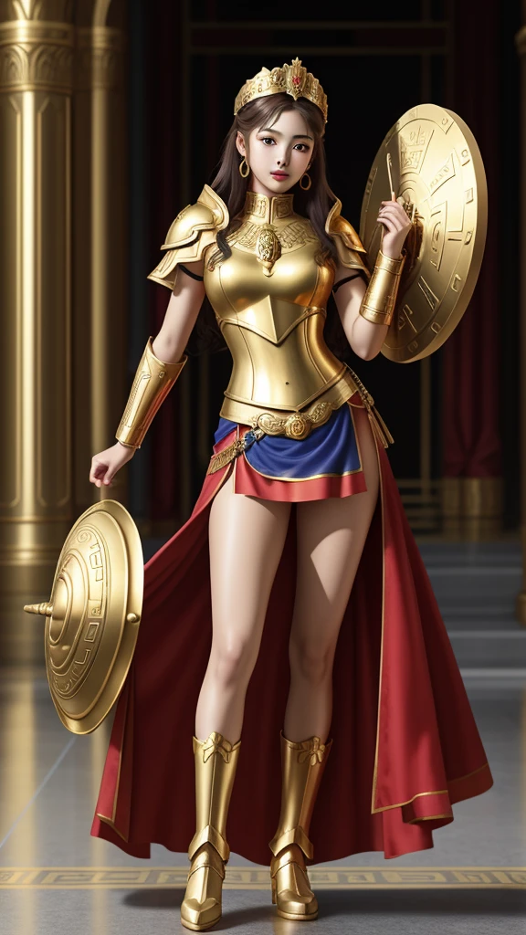 Greek goddess Athena, red tunic, golden armor, golden shield. rostro de jennie kim. good body, whole body
