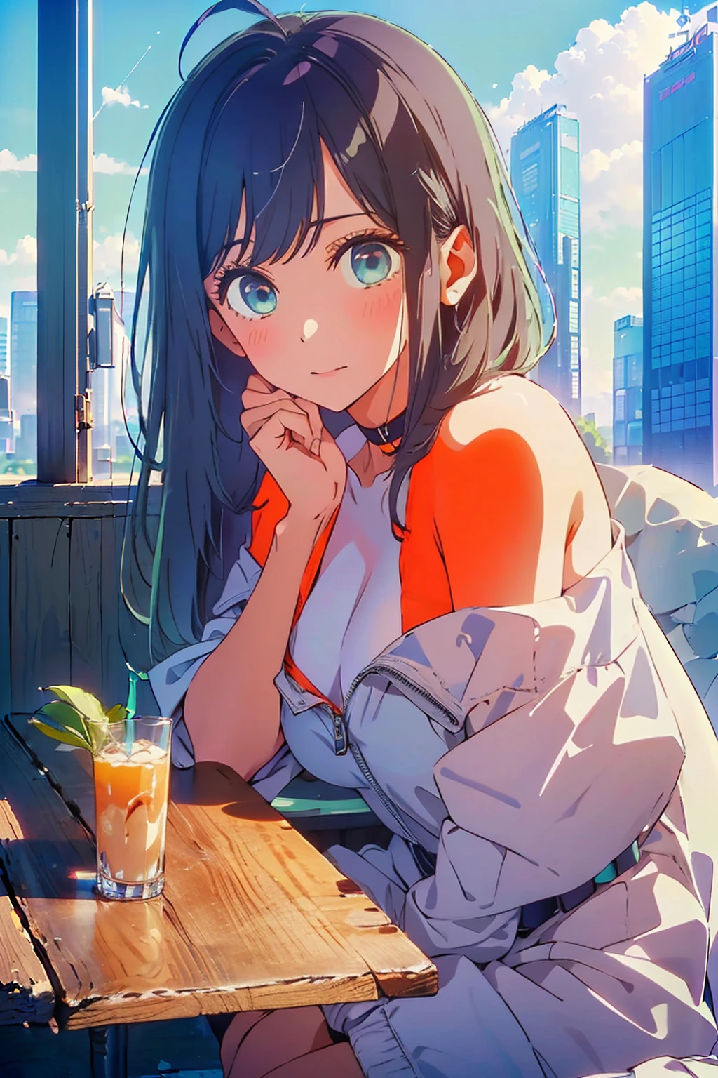 (Highest quality:1.4、masterpiece:1.4、Super detailed:1.4、Ultra-high resolution:1.4、8K:1.4)、Slim body、Big Breasts、((((1 person、Surprised expression、sit、Chair、In the background are the urban buildings of Tokyo、looking at the camera、Outdoor café terrace、juice、table、Get up close and take a photo、Shooting from an angle、Very cute face))))、((((nude、very beautiful areola))))、(Pose with hands tucked behind ears:1.4、Cheek resting on hand:1.4)、(((Black off-the-shoulder blouson with zipper、Take off your clothes)))、Very blue sky、A completely cloudless sky