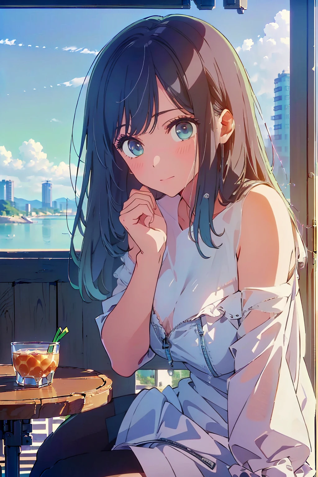 (Highest quality:1.4、masterpiece:1.4、Super detailed:1.4、Ultra-high resolution:1.4、8K:1.4)、Slim body、Big Breasts、((((1 person、Surprised expression、sit、Chair、In the background are the urban buildings of Tokyo、looking at the camera、Outdoor café terrace、juice、table、Get up close and take a photo、Shooting from an angle、Very cute face))))、((((nude、very beautiful areola))))、(Pose with hands tucked behind ears:1.4、Cheek resting on hand:1.4)、(((Black off-the-shoulder blouson with zipper、Take off your clothes)))、Very blue sky、A completely cloudless sky