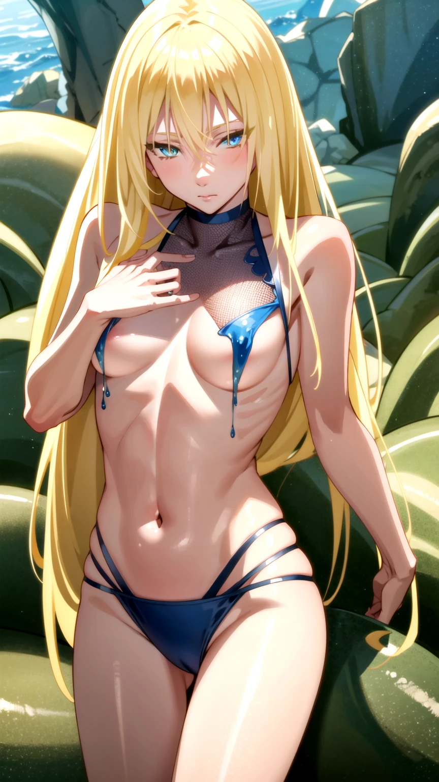 Masterpiece, best quality, very detailed, Ultra high resolution, (photorealistic:1.4), raw photos, (realistic:0.2), 1 girl, alone, long hair,,8k hdr, 1 girl,Blonde hair, shy , medium-large breast, bright eyes, , medium-small breasts,,(Mesh series) ,, The blue slime squeezed the chest.