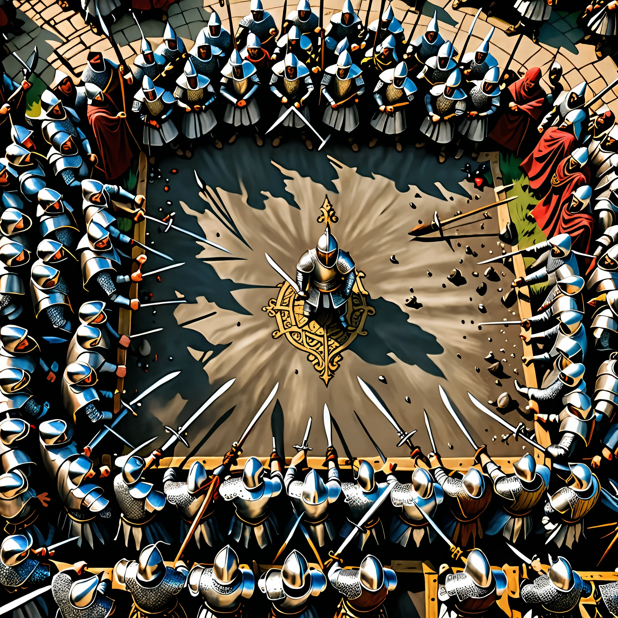 A birds eye view of a violent battle between two medieval armies, one wearing silver armor and the other wearing islamic inspired clothes. dramatic, detailed.