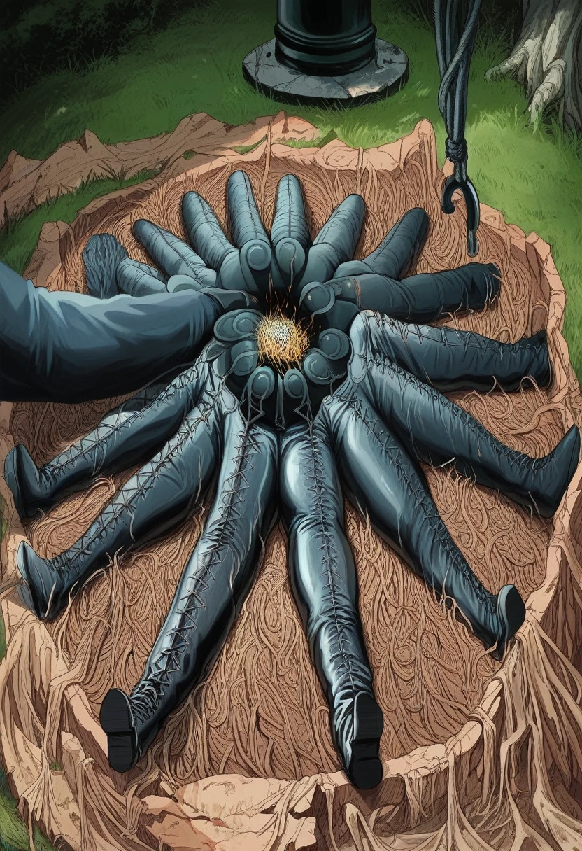 A striking, cinematic photograph of a surreal outdoor scene featuring a dozen black, shiny, and intricately mummified helpless males, completely encased in leather bodybags, laced up snug, multiple black leather straps ensuring their total immobility. black leather bulges. laying in a patch of dried brown grass. Their arrangement forms a circular pattern, with no visible arms or legs. all faces covered by black latex gasmasks. impressive bulges. to the left, an inflated black latex cylinder presumably with a man inside of it, sealed air valve. Set against a lush green lawn and trees, an eerie atmosphere is enhanced by the mysterious black cylindrical object in the background. a leather dominatrix in right background lighting brown grass on fire. The overall scene exudes a vibrant and exciting energy, evoking a sense of occult ritual. helpless males having a hot time!, photo, cinematic, vibrant