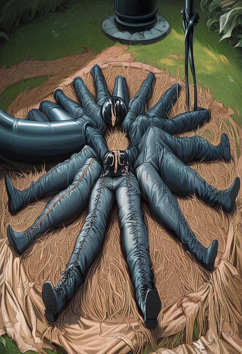 A striking, cinematic photograph of a surreal outdoor scene featuring a dozen black, shiny, and intricately mummified helpless males, completely encased in leather bodybags, laced up snug, multiple black leather straps ensuring their total immobility. black leather bulges. laying in a patch of dried brown grass. Their arrangement forms a circular pattern, with no visible arms or legs. all faces covered by black latex gasmasks. impressive bulges. to the left, an inflated black latex cylinder presumably with a man inside of it, sealed air valve. Set against a lush green lawn and trees, an eerie atmosphere is enhanced by the mysterious black cylindrical object in the background. a leather dominatrix in right background lighting brown grass on fire. The overall scene exudes a vibrant and exciting energy, evoking a sense of occult ritual. helpless males having a hot time!, photo, cinematic, vibrant