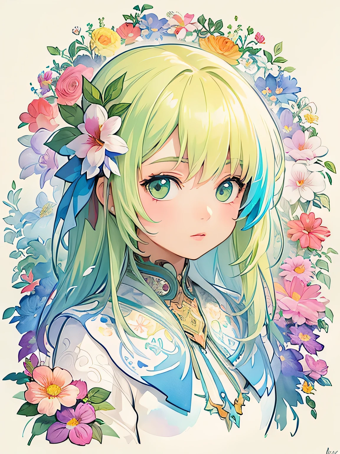 Alphonse Mucha Style、(((stylish fashion))), 8K Quality、Intense watercolor, Detailed watercolor art, Watercolor splash, Surreal, avant-garde pop art, Beautiful and expressive paintings, Beautiful artwork illustration, Very colorful tones, wonderful, Cool beauty, highest quality、Official Art, Vector art, Stylish design, (((The most beautiful girl))), (((highest quality))), HDR, ((detailed)), (((Doodle Art)), ((masterpiece)), ((Super detailed)), (((Colorful flowers))),(((Stylish))),