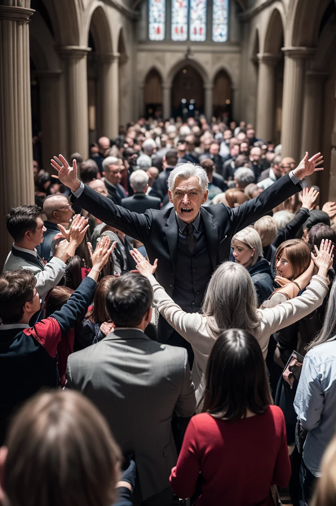 ((best quality)), ((masterpiece)), (detailed), perfect face Inside a crowded church. People are sitting on benches.
A gray-haired person standing, in the spotlight, dressed as the character Magneto, two X-men, stopped, releasing good energy through the hands onto people with arms outstretched. The perspective of the image should leave this person as the focus.
