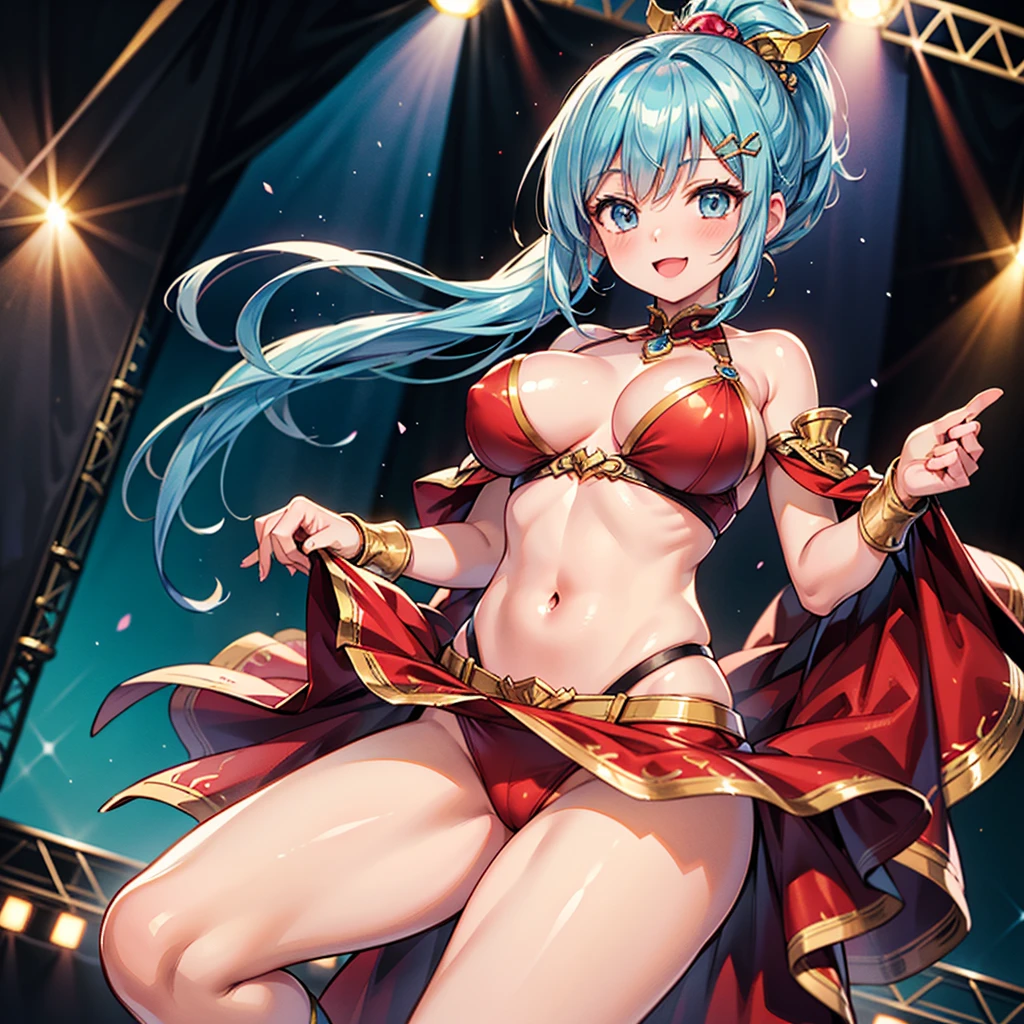 Anime Moe Art Style,Highest quality,High resolution,Anatomically correct,One Girl,Mid-s,Girl with light blue hair in a ponytail,Very detailed,Fantasy World,Big Breasts,Shiny skin,Beautiful Skin,A rich expression,A big smile,Circus,Stage Costumes,Knife throwing tricks,Detailed drawn eyes,hair ornaments,8K