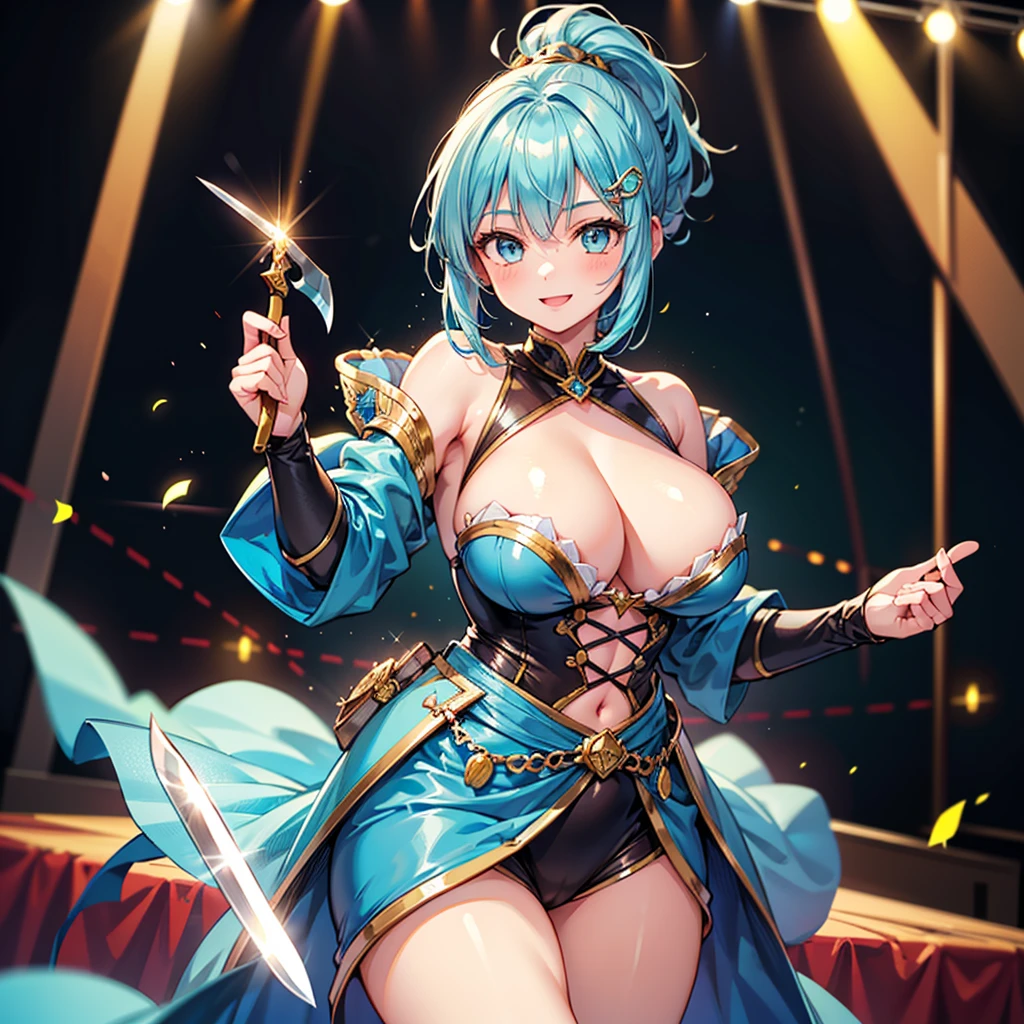 Anime Moe Art Style,Highest quality,High resolution,Anatomically correct,One Girl,Mid-s,Girl with light blue hair in a ponytail,Very detailed,Fantasy World,Big Breasts,Shiny skin,Beautiful Skin,A rich expression,A big smile,Circus,Stage Costumes,Knife throwing tricks,Detailed drawn eyes,hair ornaments,8K