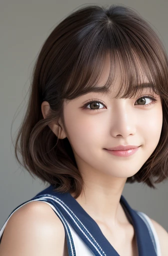 masterpiece:1.3), (8K, Realistic, RAW Photos, Best image quality: 1.4), Japanese schoolgirl、(Random Hairstyles:1.2)、Highly detailed face、Attention to detail、double eyelid、Chest to chest、Sharp focus:1.2、Beautiful woman:1.4、Light brown hair、Highest quality、masterpiece、Ultra-high resolution、(Realistic:1.4)、Highly detailed and professionally lit smiles、Loose、thin、LOL、Short-haired、Deadly position、