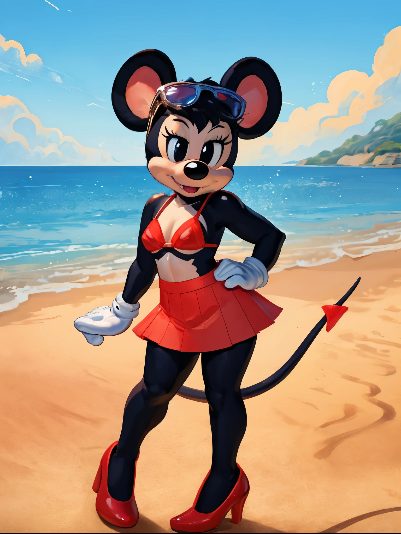 Minnie Mouse, 1girl, best quality, masterpiece, highres, extreme detail, (Disney 2d artstyle,:1.2),cell shading, mouse character, bikini top, flat torso , cartoon, black skin, big round ears, at the beach, red short skirt, white gloves, red heels , sunglasses