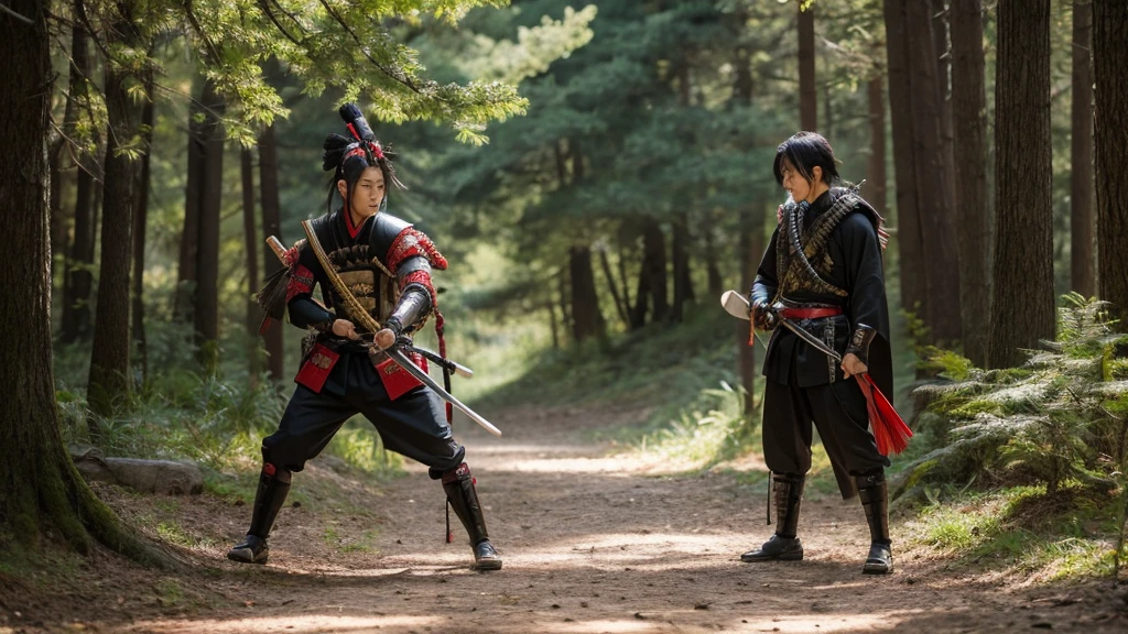 A Japanese male samurai covered in weapons,
Man in samurai costume holding sword in forest