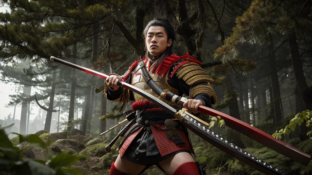 A Japanese male samurai covered in weapons,
Man in samurai costume holding sword in forest