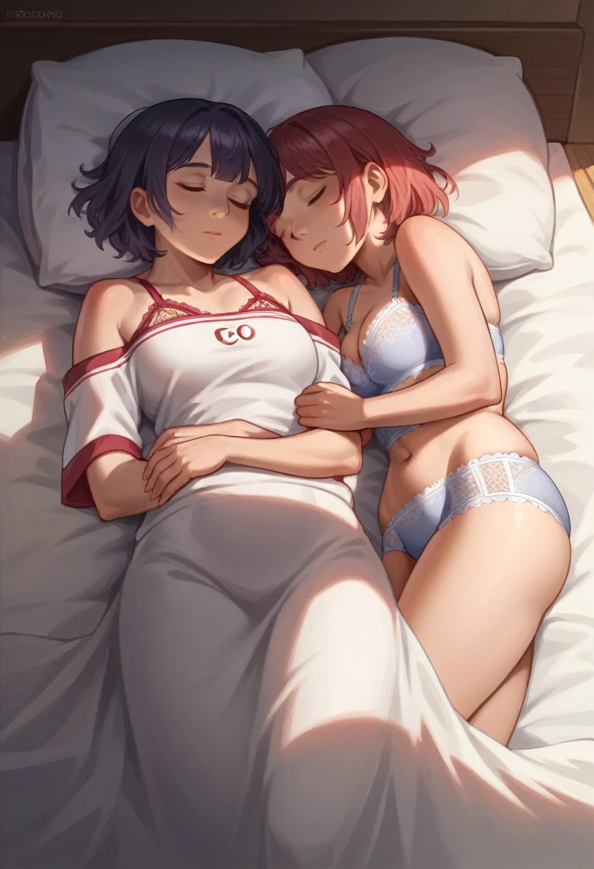 Best Quality,masutepiece,超A high resolution,Photorealistic,(ultra gigantic tits:1.1)、Sporting goods warehouse, NSFW,(2 girls in:1.5)、(a couple:1.7), (Co-sleeping and flirting:1.8)、Volleyball player, Volleyball uniform、Free Uniform Color、(thin-waist:1.2)、Hands behind your head、rub one's breasts、(Succubus tattoo on the abdomen:1.1)、(short-hair:1.5)、Random hair color、Free hairstyle、(Orgasmic facial expressions:1.5)、(Gold Gorgeous and Sexy Lace Lingerie:1.5)、(Gorgeous and sexy lace lingerie in pastel colors:1.5)、
