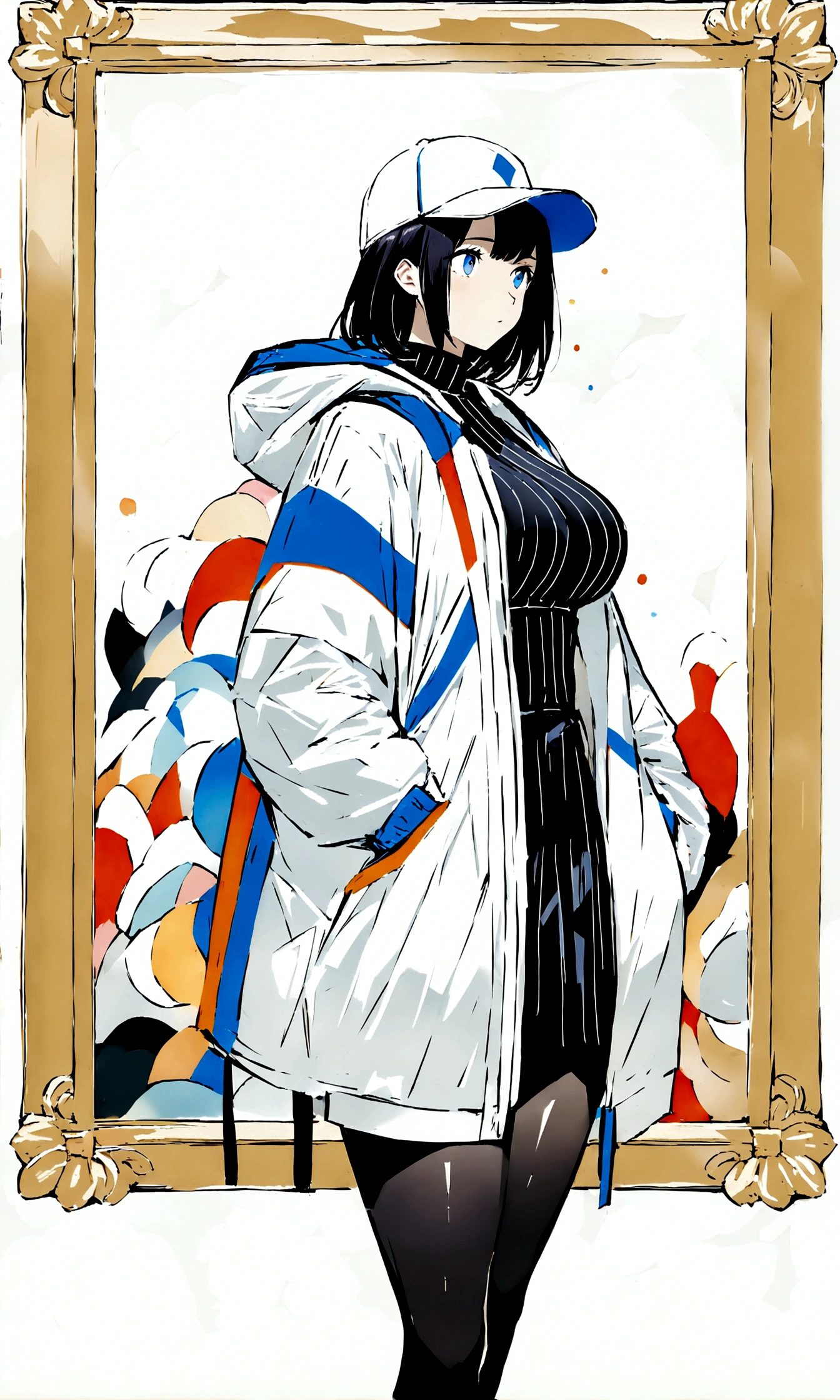 1 girl, standing alone, blue colored eyes, (detailedeyes), ((shorth hair)), Bblack hair, Very large and pointy breasts, Waist slender, thick-thighs, (boné de baseball), White cap, (Waterproof jacket), big jacket, (white jacket), overskirt, black overskirt, blackstockings, standing, (hands in pockets), ((Dated sweater)), trunk, (White background), Background transparent, looking to see, ((work of art, illustration, best qualityer))