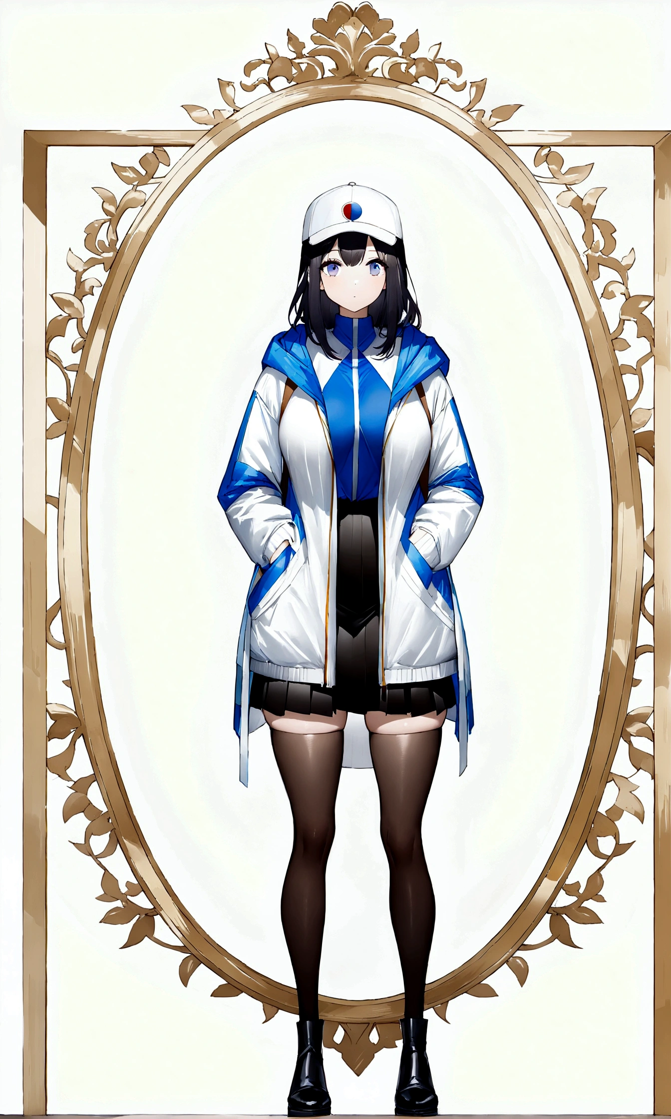 1 girl, standing alone, blue colored eyes, (detailedeyes), ((shorth hair)), Bblack hair, Very large and pointy breasts, Waist slender, thick-thighs, (boné de baseball), White cap, (Waterproof jacket), big jacket, (white jacket), overskirt, black overskirt, blackstockings, standing, (hands in pockets), ((Dated sweater)), trunk, (White background), Background transparent, looking to see, ((work of art, illustration, best qualityer)) 