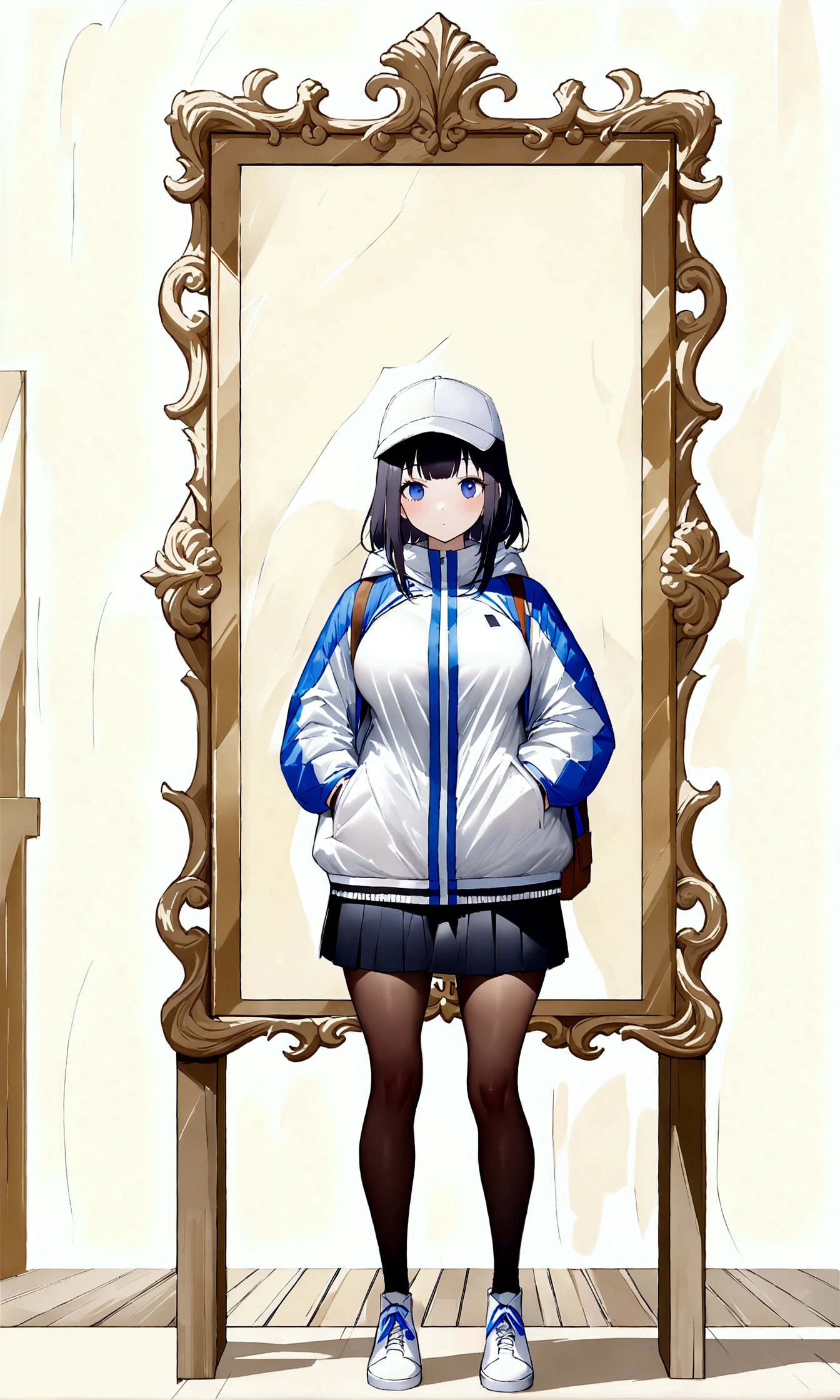 1 girl, standing alone, blue colored eyes, (detailedeyes), ((shorth hair)), Bblack hair, Very large and pointy breasts, Waist slender, thick-thighs, (boné de baseball), White cap, (Waterproof jacket), big jacket, (white jacket), overskirt, black overskirt, blackstockings, standing, (hands in pockets), ((Dated sweater)), trunk, (White background), Background transparent, looking to see, ((work of art, illustration, best qualityer)) 