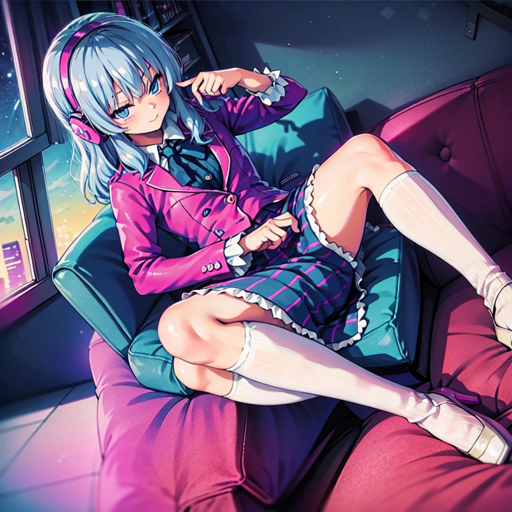 (masterpiece), Highest quality, Expressive eyes, Neon pastel aesthetics, Retro 90s, Neon color,((Girl sitting on sofa,In a cozy room,Records hanging on her wall, Comic books on the floor, Looking out the window behind her at the night city, Upholstered room, Anime figures lined up on a shelf)), Wearing headphones, (All around her it sparkles), (Wearing high socks and heels), (blue eyes), (Soft look), (Synthwave Art Style), Colorful Hair, Desk with PC set up