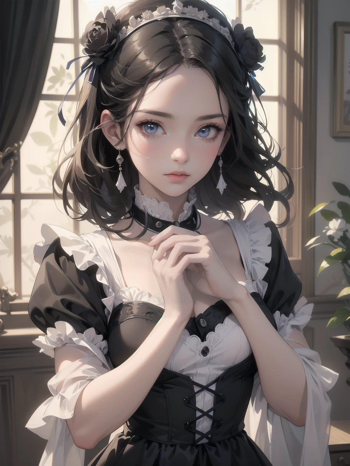 (Highest quality、16K、masterpiece、Ultra-high resolution、Victorian era、Photorealistic:1.2)、Maid Lady、solo、One person、Beautiful and detailed、２０２Perfectly detailed illustrations created by master anime illustrators of the 4th generation、Cool Beauty、Heroine&#39;s Attributes、Artistic shading、Perfect Face、Detailed portrait、
