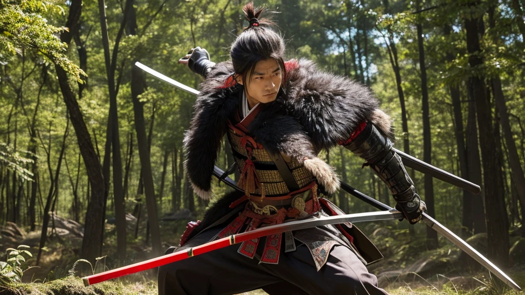 A Japanese male samurai covered in weapons,
Man in samurai costume holding sword in forest