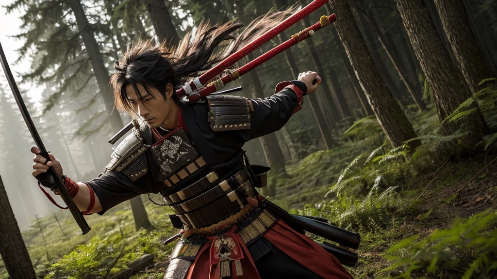 A Japanese male samurai covered in weapons,
Man in samurai costume holding sword in forest
